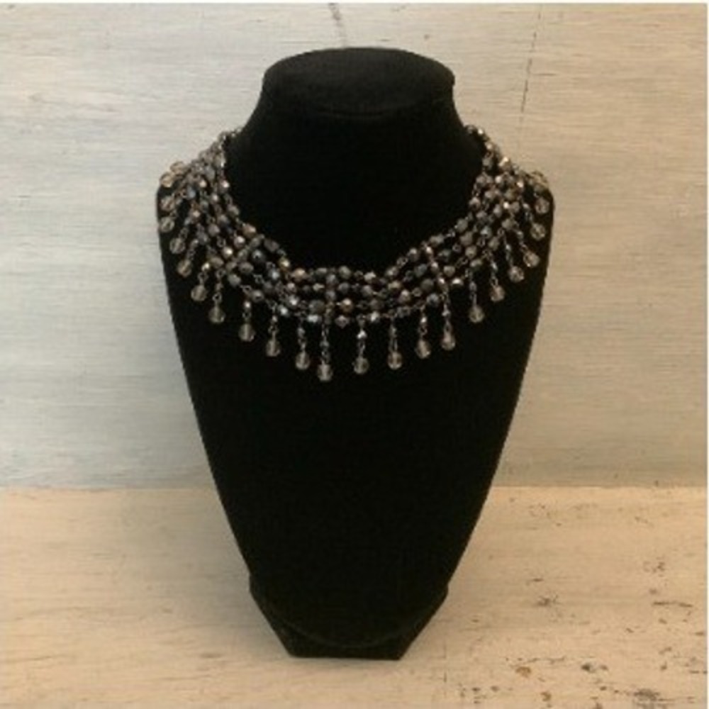 Black‎ Faceted Multi Strand Beaded Choker Necklace w/ Dangling Beads 13-16" GC